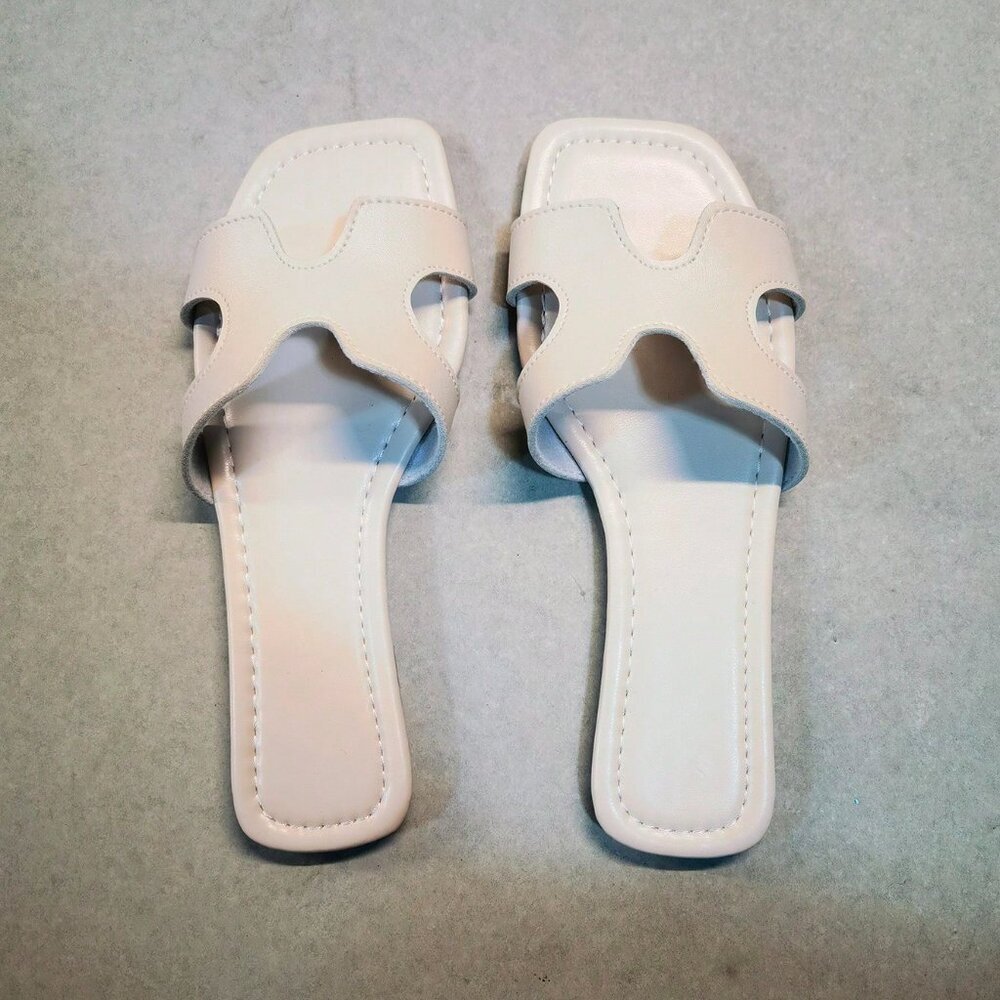 Round Beige Women's H-Shape Flat Sandals